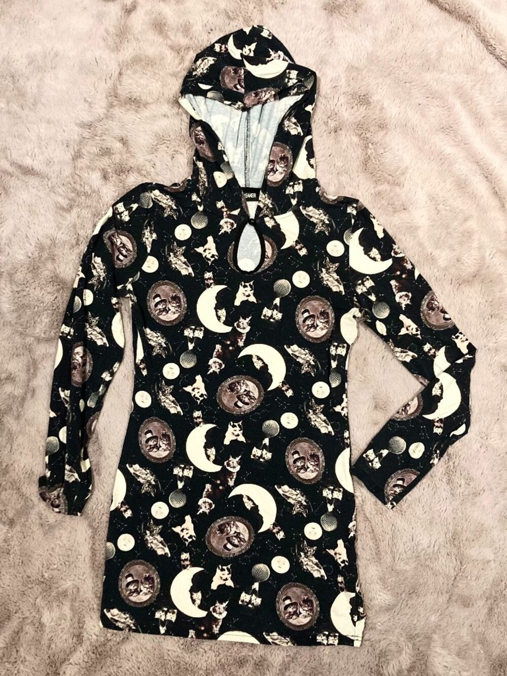 Jawbreaker Victorian Cats Bodycon Mini Dress with Hood and Keyhole Neckline